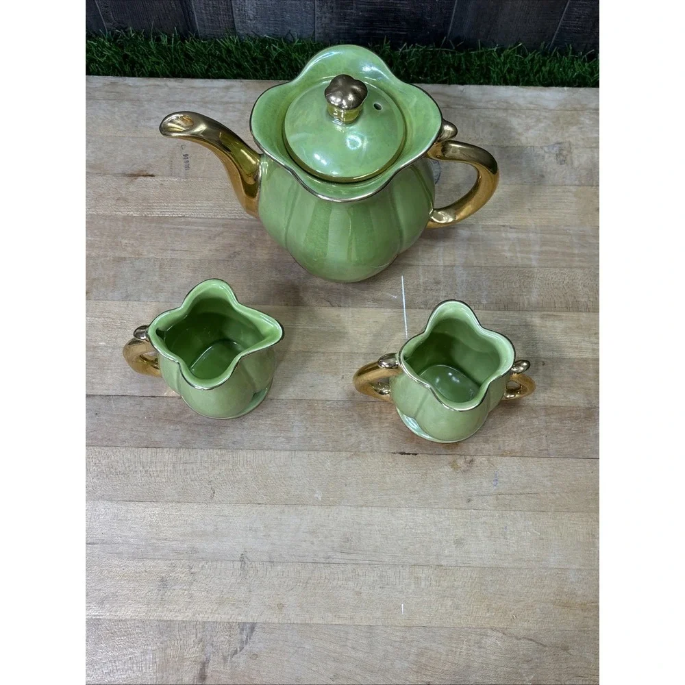 Vintage Pearl China Lime Green Lusterware Tea Set 22K Gold Teapot Creamer Sugar